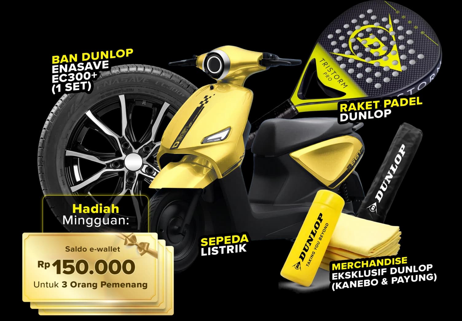 Hadiah Dunlop Beyond Challenge: sepeda listrik, ban, raket padel, saldo e-wallet, dan merchandise